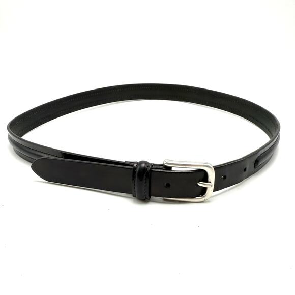 Eddie Bauer Black Italian Leather Belt 32 Silver Brass Buckle Center Ridge Italy - Picture 2 of 9